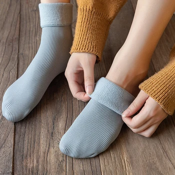 Зимние термоноски, однотонные плюс толстые теплые носки, хлопковые носки в вертикальную полоску, домашние носки без костей