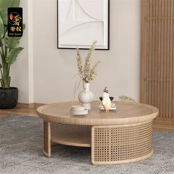 Круглый чайный столик из массива дерева XL в японском стиле, круглый чайный столик из ротанга B & B, круглый чайный столик из ротанга