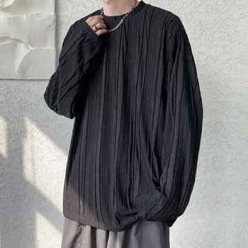 Мужская повседневная осенняя футболка с текстурой 2023, уличная одежда, Корейский досуг, однотонные футболки с длинными рукавами для мужчин, роскошные топы