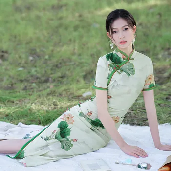 Осенью 2023 года Новое женское длинное винтажное приталенное китайское традиционное платье Чонсам Qipao Элегантное Свежее длинное платье для выпускного вечера