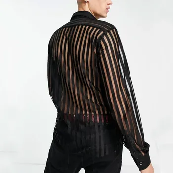Перспективная мужская рубашка Большого размера в полоску с длинным рукавом, свободная повседневная мужская рубашка, модная уличная одежда, сетчатый топ