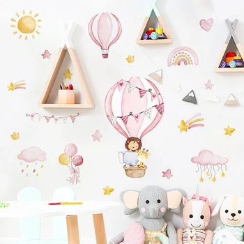 Розовый Горячий воздушный шар, животные, Слон, Солнце, Акварельные наклейки на стены для гостиной, спальни, детской, Наклейки на стены детской, Домашний декор