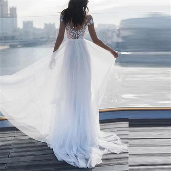 Свадебное платье из тюля Ramanda Beach с V-образным вырезом, Элегантная кружевная аппликация с открытыми плечами, иллюзия разделения сзади на пуговицах, свадебное платье для новобрачных
