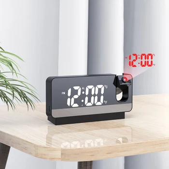 Светодиодный цифровой проекционный будильник, электронный будильник с проектором времени, прикроватные часы для спальни, черный