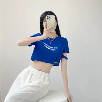 Укороченные топы для женщин, футболка, сексуальный синий топ, винтажная одежда в корейском стиле 90-х, Японская уличная одежда Y2k, модная футболка с рисунком в стиле Харадзюку