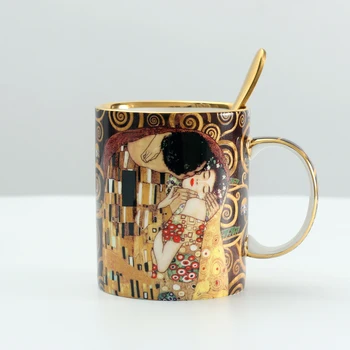 Фарфоровые кружки Klimt Kiss кофейные чашки с ложкой из костяного фарфора Gustav klimt свадебный подарок на день рождения офисная посуда для напитков