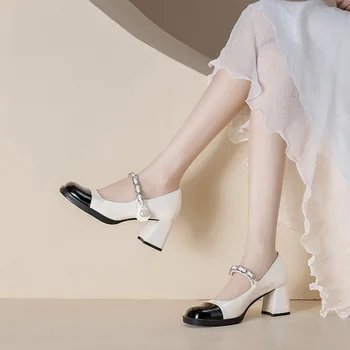 Французское ретро с туфлями Mary Jane, маленький ароматный ветер, разноцветный жемчуг, с женскими туфлями на высоком каблуке