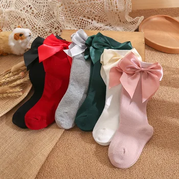 1 пара детских носков с большим бантом в форме средней трубки, детские носки однотонного цвета, милые и удобные дышащие носки, хлопковые мягкие носки