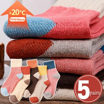 5 Пар Высококачественных женских мужских осенне-зимних носков в винтажном стиле в стиле пэчворк из кроличьей шерсти, утепленные хлопчатобумажные носки