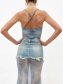 BPN, сексуальные женские джинсовые топы с открытой спиной, квадратный воротник, без рукавов, Градиентный лоскутный жилет с заклепками, Тонкая женская модная одежда