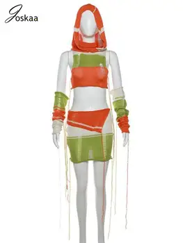Joskaa, вязаный лоскутный комплект из 2 предметов, женские сексуальные топы с капюшоном и модная юбка с перчатками на рукавах, подходящие к праздничным нарядам 2023 года.