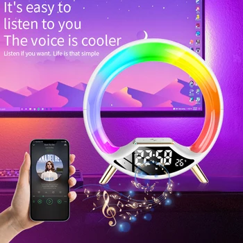 Беспроводная зарядка, USB-динамик Bluetooth с 3-скоростной светодиодной подсветкой, будильник, FM-радио, индикатор температуры.