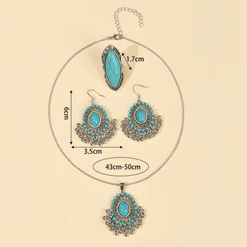 Бирюзовое ожерелье, серьги, кольцо, Набор для женщин, винтажные посеребренные комплекты украшений с цветочными кисточками, женская богемная бижутерия Brincos