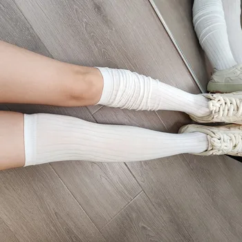 Длинные носки для женщин, черные, белые, серые, хлопковые чулки в полоску выше колена, осенне-зимние теплые вязаные длинные носки-трубочки для девочек