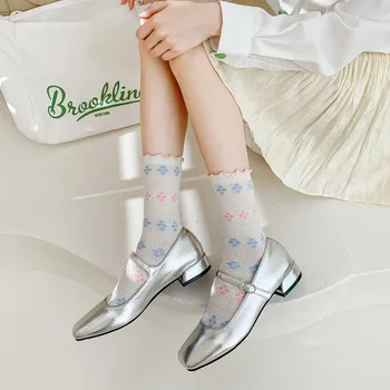 Женские летние носки из тонкой дышащей сетки с буквенно-цифровым рисунком в виде волн и точек, японские носки со средним ворсом