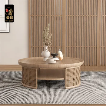 Круглый чайный столик из массива дерева XL в японском стиле, круглый чайный столик из ротанга B & B, круглый чайный столик из ротанга