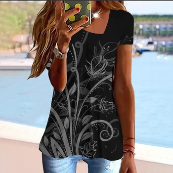 Модная женская одежда 2023 года, Летняя женская футболка с 3D цветочным принтом, косой воротник, Топы с коротким рукавом, Новый женский пуловер Оверсайз.