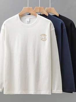 Осенняя футболка с длинными рукавами и принтом ракеты, мужская нижняя рубашка из чистого хлопка, китайский тренд, свободный топ с круглым вырезом