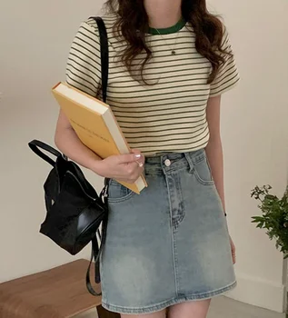 Полосатая футболка с коротким рукавом, женский летний винтажный топ