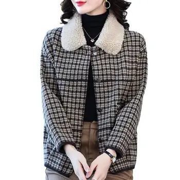Теплое женское пальто, кардиган с открытой передней частью, плюшевое винтажное клетчатое пальто, женская теплая однобортная куртка с лацканами на осень