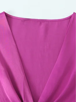Укороченные топы для женщин 2023, Модная винтажная Элегантная атласная блузка с глубоким V-образным вырезом и узлом спереди, Офисная женская блузка с длинным рукавом, топ