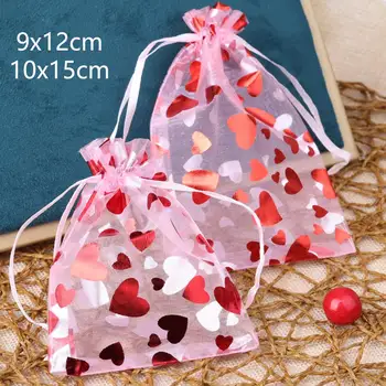 50 шт./лот, красная сумка из органзы с сердечком 9x12 см, подарочная сумка для пары на День Святого Валентина