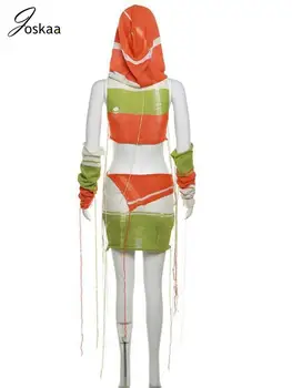 Joskaa, вязаный лоскутный комплект из 2 предметов, женские сексуальные топы с капюшоном и модная юбка с перчатками на рукавах, подходящие к праздничным нарядам 2023 года.