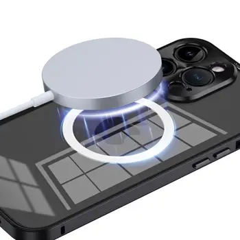 Алюминиевая металлическая рамка с магнитным замком HD прозрачная задняя крышка для iPhone 14 13 12 Pro Max Магнитное беспроводное зарядное устройство Защита объектива