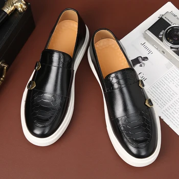 Британская ретро-мода, Новые мужские черно-коричневые туфли на плоской подошве, Кожаная обувь с монашеским ремешком, Повседневные лоферы, Обувь для вечернего платья, Zapatos Hombre