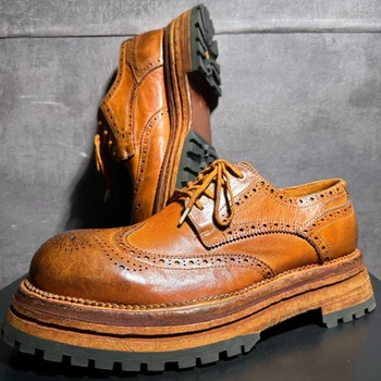 Дизайнерские мужские дерби Goodyear из натуральной кожи ручной работы, увеличенные на 5 см, модные повседневные туфли в стиле ретро с резьбой, мужские туфли для уличной съемки.