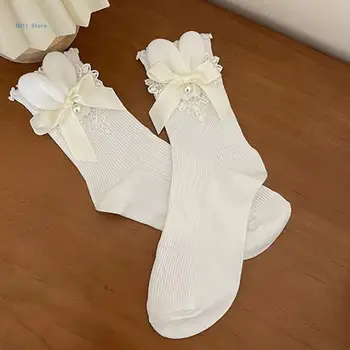 Женские носки до икр с рюшами на манжетах, Летние носки, свободные носки, Японский бант, Носки средней длины, уличная одежда в подарок