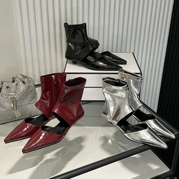 Красные туфли, Женские ботильоны на низком каблуке с острым носком, женские молнии, короткие женские современные эластичные ботинки, обувь