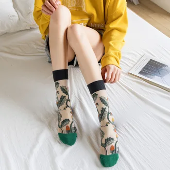 Новые модные забавные носки в стиле харадзюку с цветочным рисунком, прозрачные кружевные носки с абстрактным дизайном, женские жаккардовые носки из стеклянного шелка