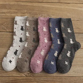 Осенне-зимние утепленные носки с милым котом, японские теплые носки в стиле харадзюку, женские носки в горошек со средней трубкой Kawaii