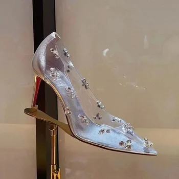 Осенние тонкие туфли с острым носком из прозрачного горного хрусталя, женские свадебные туфли в сеточку красного цвета, пикантные серебристые туфли на высоком каблуке