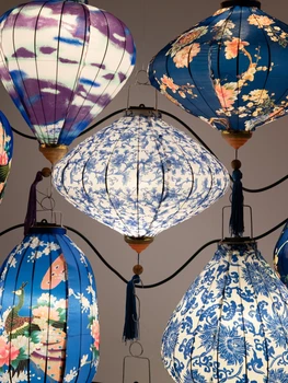 Подвесной фонарь в китайском стиле 12/14 дюймов, сине-белый фарфоровый фонарь для новогодней вечеринки, уличный декоративный фонарь для фестиваля