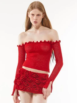 Сексуальная укороченная футболка с вырезом в одно слово, Шерстяное плетение Gyaru, приталенный пуловер, Корейский модный топ, красная универсальная футболка с длинным рукавом