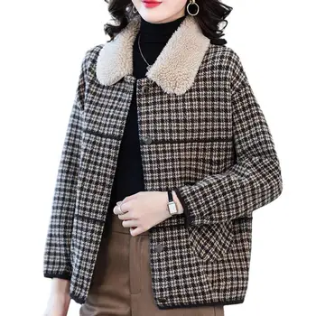 Теплое женское пальто, кардиган с открытой передней частью, плюшевое винтажное клетчатое пальто, женская теплая однобортная куртка с лацканами на осень