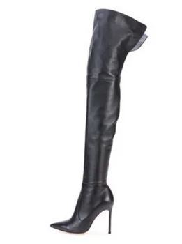 Черные кожаные ботфорты выше колена, заостренный носок, тонкие каблуки, Зимние высокие сапоги, широкие высокие сапоги в обтяжку для икр, большой размер