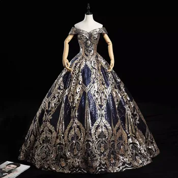 Элегантное королевское платье для выпускного вечера, бальное платье, темно-синие платья для подиума с золотой аппликацией на шнуровке сзади