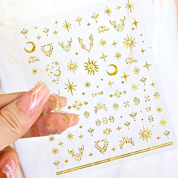 3D Бронзовая металлическая наклейка для дизайна ногтей с золотым Солнцем / Луной / Звездой, наклейки с ретро-рисунком, самоклеящиеся Корейские наклейки для маникюра, слайдер для лака*