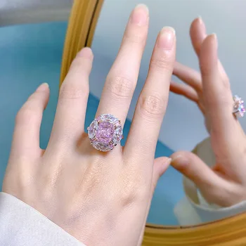 Jinrom 100% Стерлинговое серебро 925 Пробы, Розовый бриллиант 8*10 мм, кольцо сияющей огранки, женское Свадебное Обручальное кольцо, Изысканные ювелирные изделия