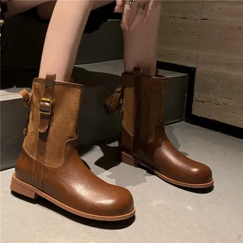 MORAZORA 2023, Новые женские ботинки из натуральной кожи на шнуровке, женские ботинки до середины икры с пряжкой, осенне-зимняя обувь с круглым носком