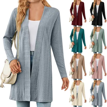 Women's Fashion Casual Floral Solid Medium Length Cardigan Jacket Coat куртки осенние женские chaqueta mujer пальто женское