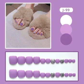 Блестящая пудра, искусственные ногти на ногах, Глянцевые Шикарные фиолетовые накладные ногти на ногах с клеем, Короткие накладные ногти на ногах плоской формы
