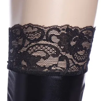 Женские кожаные чулки с кружевной отделкой длиной 85 см, сексуальные гольфы выше колена, черные костюмы, чулки-боди Оптом