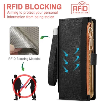Кожаный чехол на молнии для Samsung Galaxy Z Fold 4 Раза 3, браслет, ручка, Кредитная карта, гибкий чехол для RFID-кошелька.