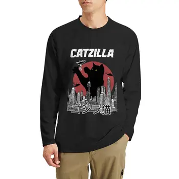 Новая винтажная футболка Catzilla с длинными рукавами, футболка с аниме, черные футболки для мужчин