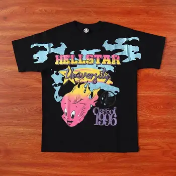 Реальные фотографии футболок Hellstar с высококачественным принтом цвета пламени для мужчин и женщин, футболки в стиле хип-хоп, уличная одежда