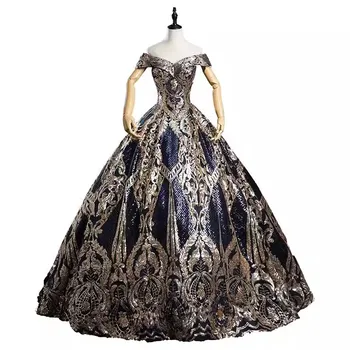 Элегантное королевское платье для выпускного вечера, бальное платье, темно-синие платья для подиума с золотой аппликацией на шнуровке сзади